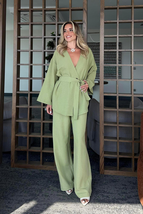 Haki Pamuklu Kimono Bol Paça Pantolon Takım