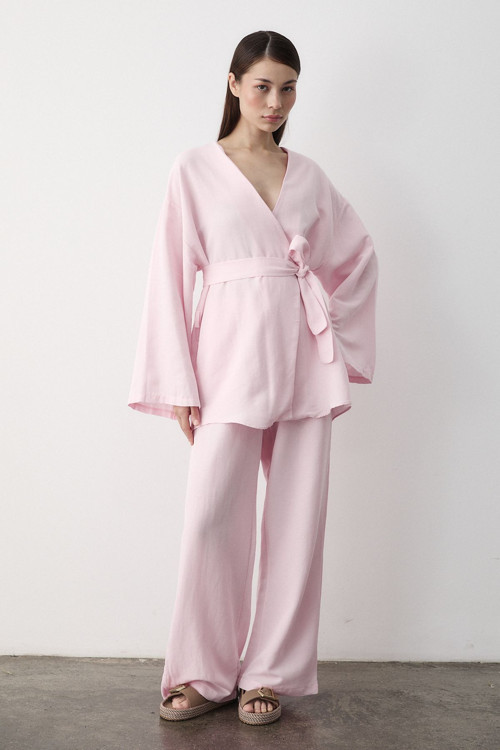 Pembe Keten Kimono Pantolon Takım
