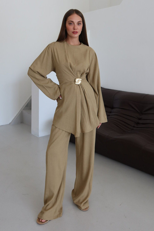 Haki Gold Broşlu Bluz Pantolon Takım - 8759
