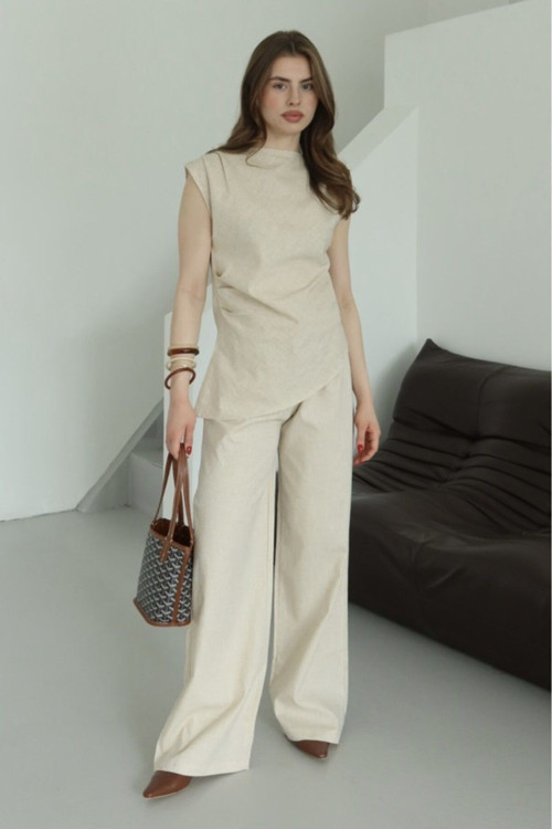 Natural Asimetrik Bluz Pantolon Takım - 7227