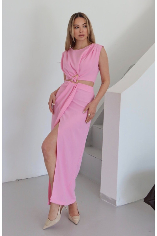 Pembe Önden Tokalı Yan Dekolteli Elbise - 8190