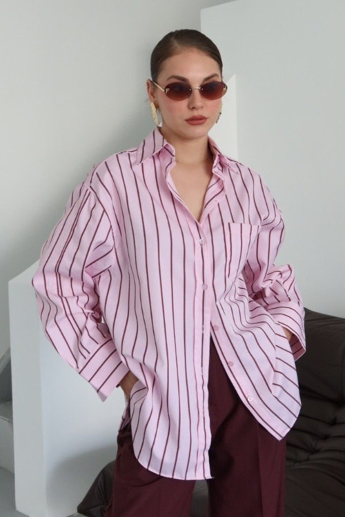 Pembe Çizgili Leeds Gömlek - 103143