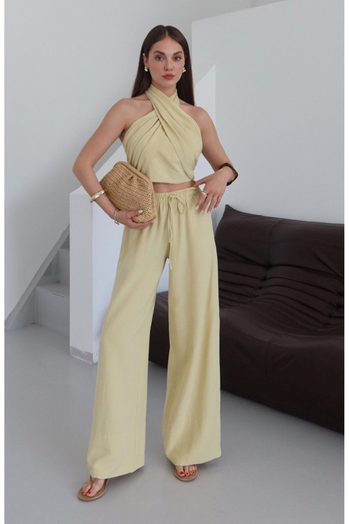 Sarı Boyundan Bağlı Büstiyer Pantolon Takım - 30352
