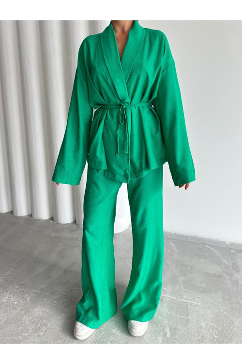 Yeşil Şal Yaka Kimono Pantolon Takım