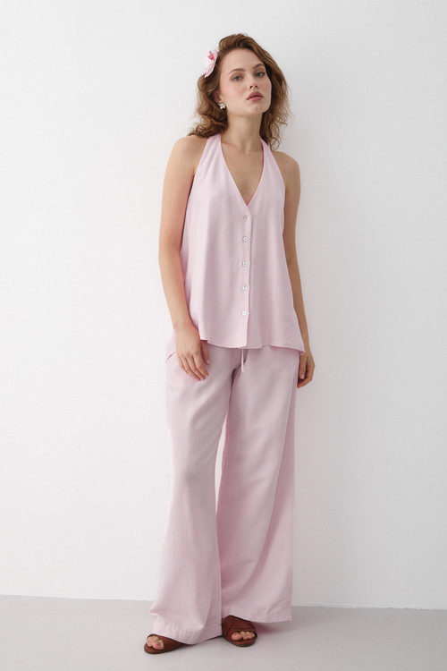 Pembe Sırt İp Bağlama Detaylı Bluz Pantolon Takım - 30379