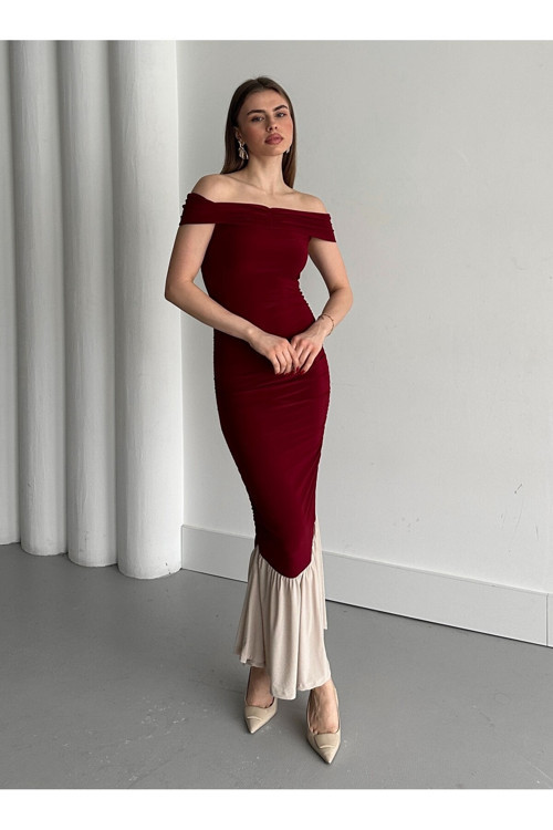 Bordo Kayık Yaka Fırfırlı Elbise - 4798