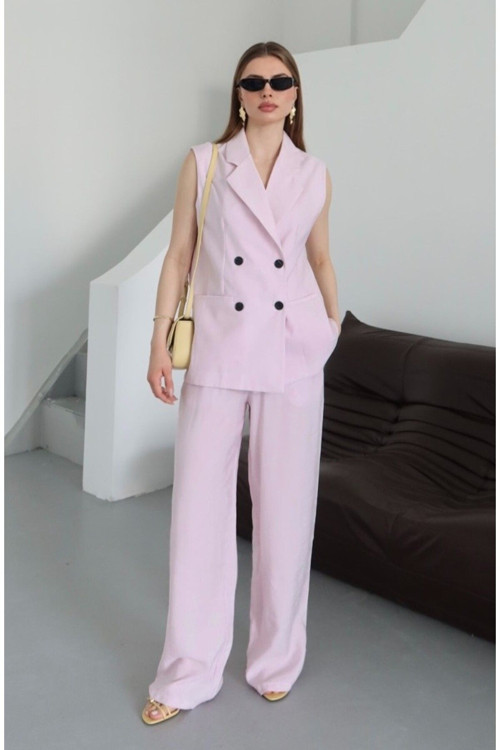 Pembe Siyah Düğmeli Yelek Pantolon Takım - 9568