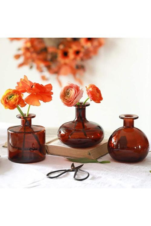 Segona Mini 3'Lü Cam Vazo Seti – Amber Renk Ve İskandinav Tarzı İle Dekorasyon