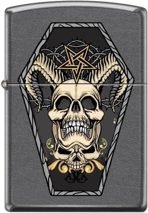 Horned Skull and Inverted Pentagram in Coffin - Classic Gray Dizayn Çakmak