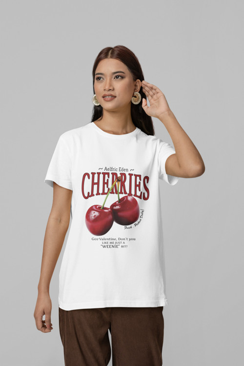 Unisex Erkek/Kadın CHERRIES Özel Baskılı Oversize Pamuklu Bisiklet Yaka T-Shirt