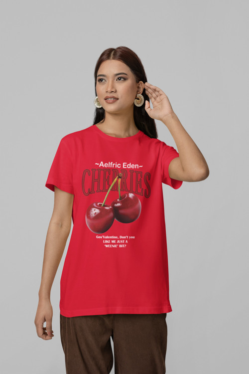 Unisex Erkek/Kadın CHERRIES Özel Baskılı Oversize Pamuklu Bisiklet Yaka T-Shirt
