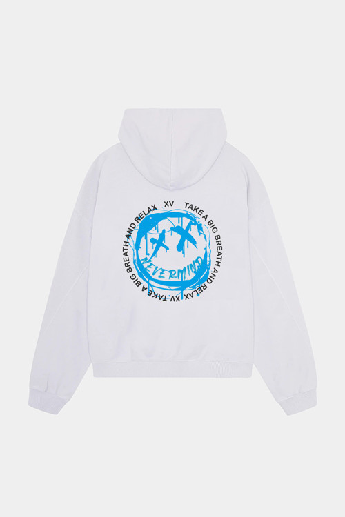 Unisex Beyaz Kapüşonlu Sweatshirt - Mavi Baskılı Oversize Hoodie