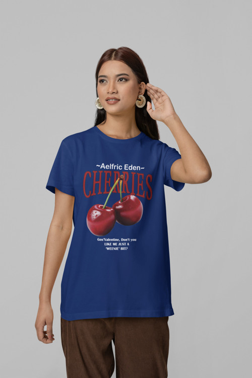 Unisex Erkek/Kadın CHERRIES Özel Baskılı Oversize Pamuklu Bisiklet Yaka T-Shirt