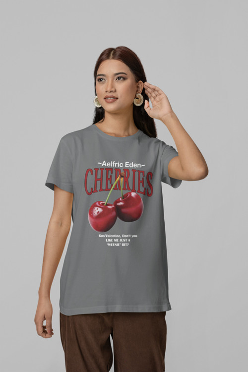 Unisex Erkek/Kadın CHERRIES Özel Baskılı Oversize Pamuklu Bisiklet Yaka T-Shirt