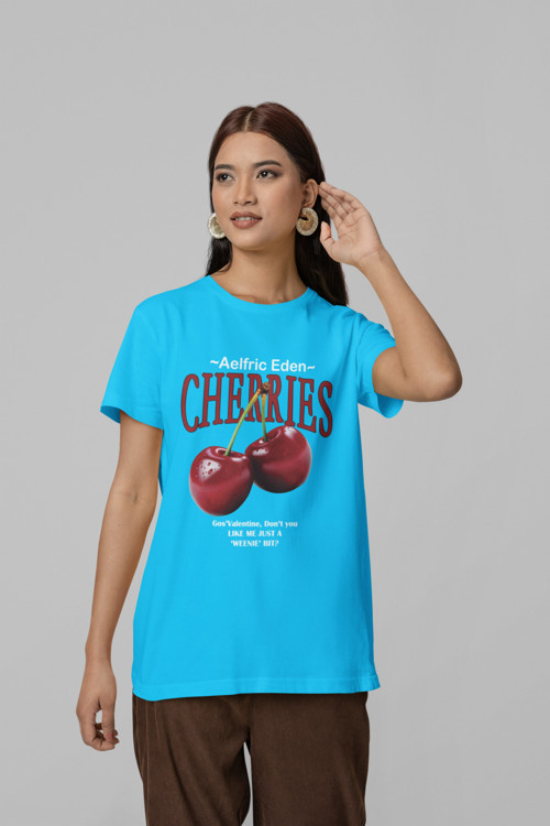 Unisex Erkek/Kadın CHERRIES Özel Baskılı Oversize Pamuklu Bisiklet Yaka T-Shirt