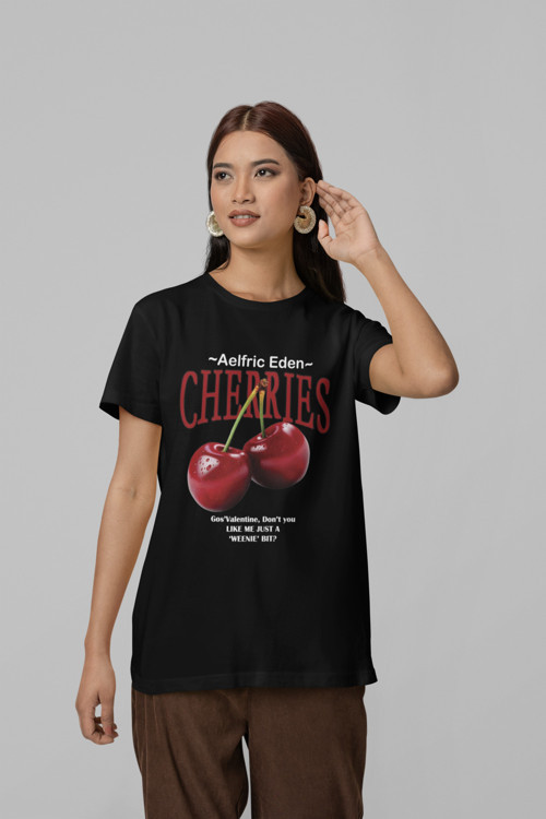 Unisex Erkek/Kadın CHERRIES Özel Baskılı Oversize Pamuklu Bisiklet Yaka T-Shirt