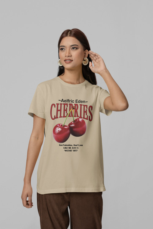 Unisex Erkek/Kadın CHERRIES Özel Baskılı Oversize Pamuklu Bisiklet Yaka T-Shirt