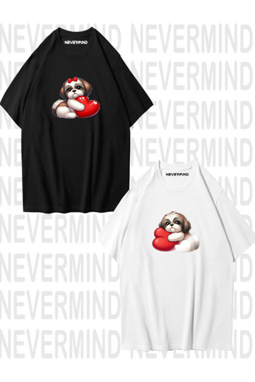 Sevgili Kombini Sevimli Köpek ve Kalp Baskılı Oversize Unisex Çift Tişörtü