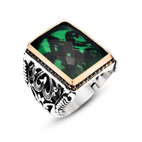 Gümüş Yeşil Zirkon Taşlı Erkek Yüzük SL3067
