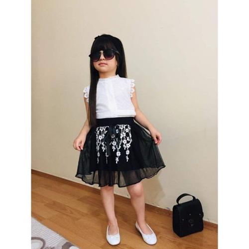 KIZ ÇOCUK DANTEL DETAYLI TÜL ETEK VE BLUZ KOMBİN - SİYAH