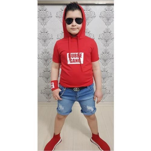 KAPİŞONLU SWEAT BİLEKLİK ZİNCİR AKSESUARLI 4 PARÇA ERKEK ÇOCUK KOT ŞORT KOMBİN - KIRMIZI