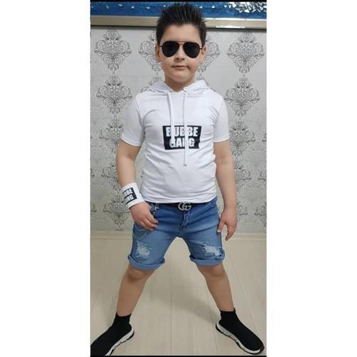KAPİŞONLU SWEAT BİLEKLİK ZİNCİR AKSESUARLI 4 PARÇA ERKEK ÇOCUK KOT ŞORT KOMBİN - BEYAZ