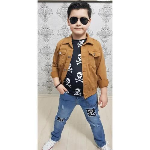 GABARDİN CEKETLİ KURU KAFA TASARIMLI ERKEK ÇOCUK KOT KOMBİN - KAHVE