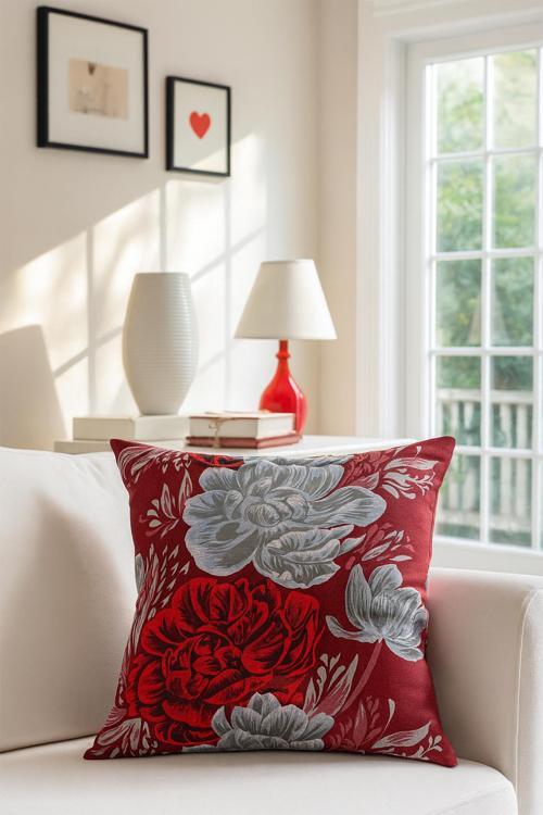 Çiçekli Kırlent Kılıfı Kırmızı 43x43