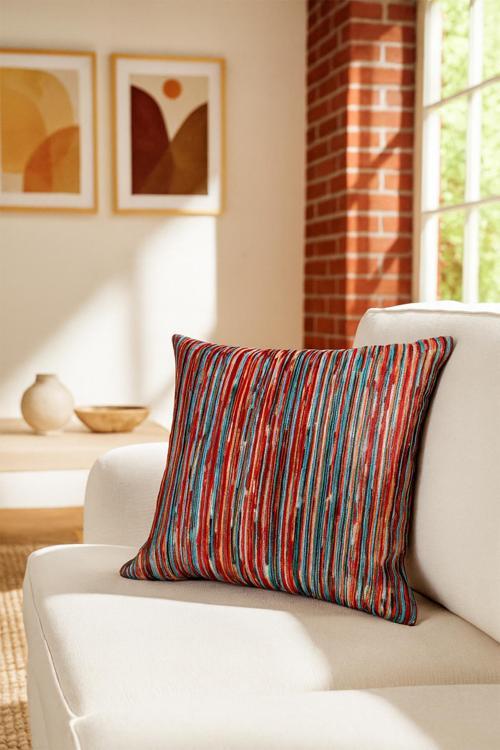 Şerit Kadife Kırlent Kılıfı Turuncu 43x43