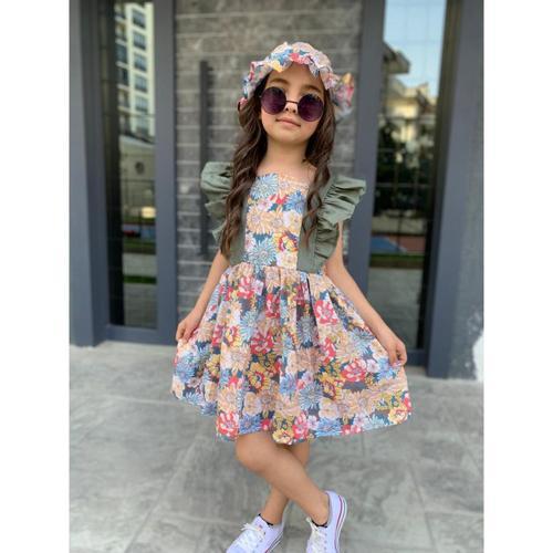 ŞAPKALI FIRFIRLI ÇİÇEK DESENLİ KIZ ÇOCUK ELBİSE - YEŞİL