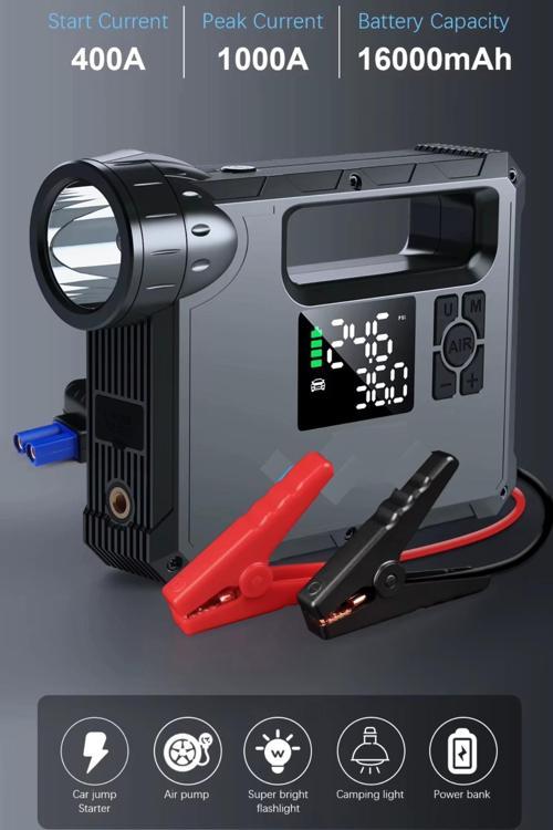 Hepu Hp-M01 Jump Starter 5 İn 1 16000mAh Akü Takviye Cihazı Lastik Şişirme Kompresör Lamba Powerbank