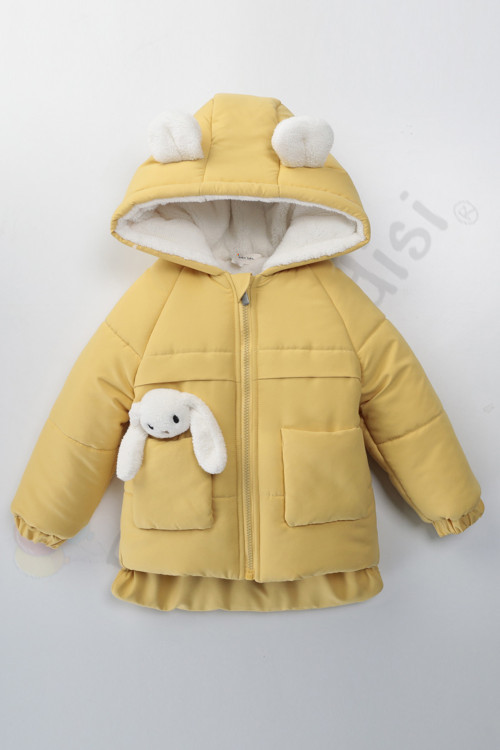 YENİ Tavşanlı Fermuarlı İçi Peluş Kürklü Kalın Kapüşonlu Kar Şişme Kışlık Kız Bebek Mont Çocuk Kaban