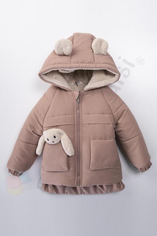 YENİ Tavşanlı Fermuarlı İçi Peluş Kürklü Kalın Kapüşonlu Kar Şişme Kışlık Kız Bebek Mont Çocuk Kaban