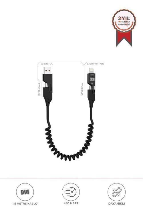 U110 Siyah 4'ü 1 arada ( Type-c , Lightning , USB-A,) 65 W Super Hızlı Akordiyonlu Şarj Kablosu