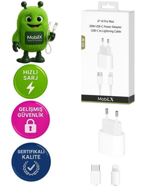 MobiLX M-20 20W iPhone 8–14 Pro Max Uyumlu Hızlı Şarj Adaptörü + USB-C to Lightning Kablo