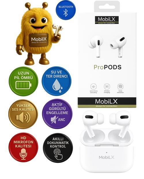 MobiLX ProPODS Kablosuz Bluetooth Kulaklık – Pro Model, Stereo Bass, HD Mikrofon, ENC Gürültü Önleme, Şarj Kutusu ve Kıl