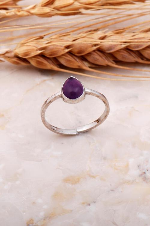 Ametist Taşlı Damla Rodyumlu Gümüş Yüzük 3670