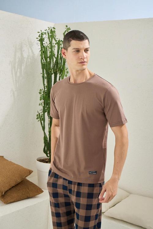 Kısa Kollu Altı Kareli Capucina Rengi Yazlık Erkek Pijama Takımı