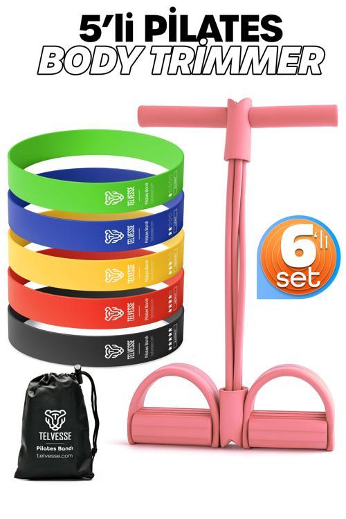 6LI SET Body Trimmer + Pilates Lastiği Seti Mekik Kürek Çekme Spor Kondisyon Egzersiz Aleti Pembe