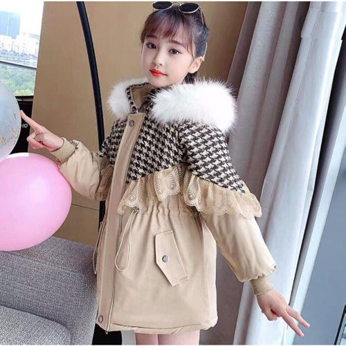 İTHAL KÜRKLÜ KAZ AYAĞI DESENLİ DANTELLİ BELİ BAĞCIKLI KIZ ÇOCUK MONT - BEJ