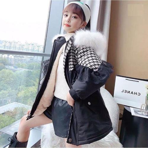 İTHAL KÜRKLÜ KAZ AYAĞI DESENLİ DANTELLİ BEL BAĞCIKLI KIZ ÇOCUK MONT - SİYAH