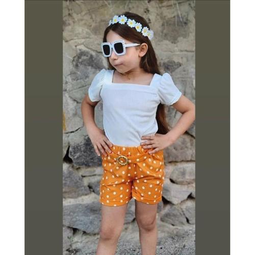 KIZ ÇOCUK PUANTİYELİ KEMERLİ ŞORT VE BLUZ KOMBİN - TURUNCU