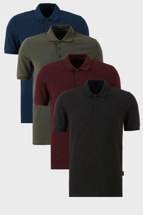 Pamuklu Regular Fit Düğmeli Polo Yaka 4'lü Paket Erkek T Shirt 5902127S4 Siyah-İndigo-Vişne-Haki