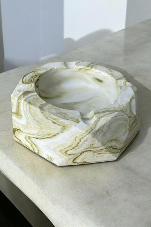 Mermer Desenli  Kesimli Oval Dekoratif Küllük Kül Tablası Yeşil