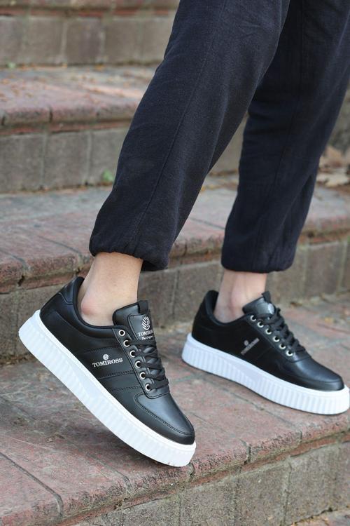 Zeno Siyah Beyaz Garantili Dikişli Kalın Taban Bağcıklı Erkek Ortopedik Günlük Sneaker Spor Ayakkabı