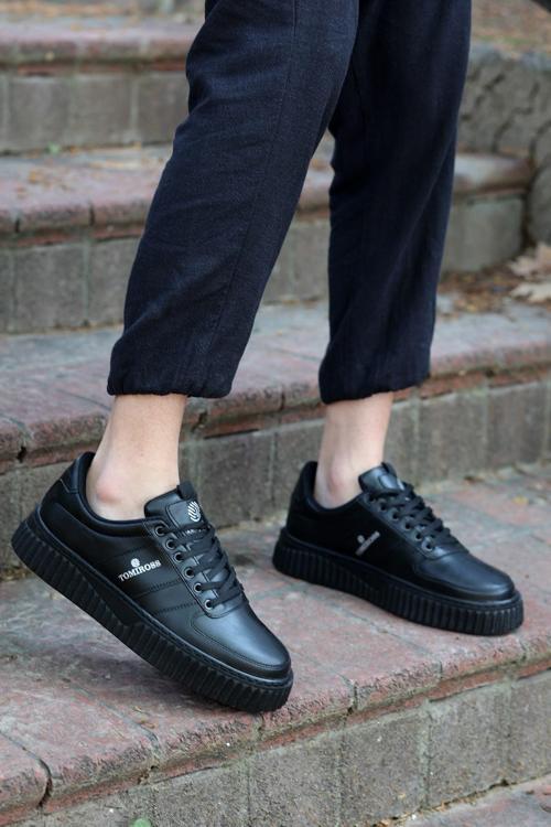 Zeno Siyah Siyah Garantili Dikişli Kalın Taban Bağcıklı Erkek Ortopedik Günlük Sneaker Spor Ayakkabı