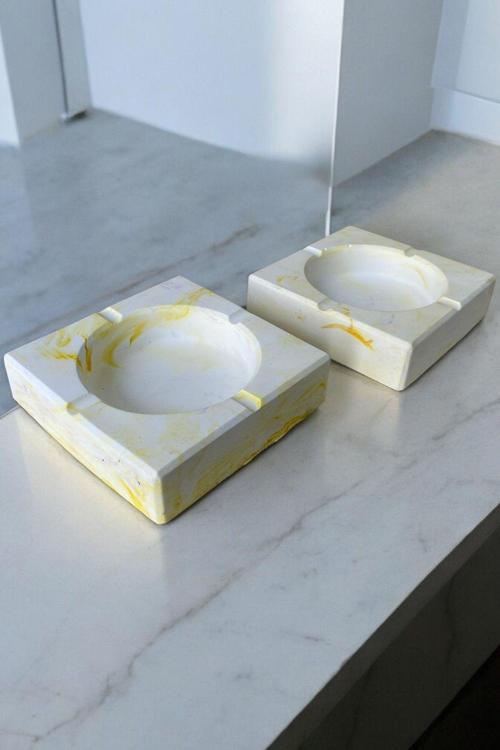 Mermer Desenli Kare Dekoratif Küllük Kül Tablası 2'li Set Sarı