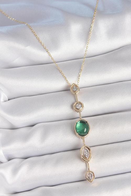 Pirinç Zincir Zümrüt Yeşil Gold Renk Zirkon Taşlı Y Kolye 10229