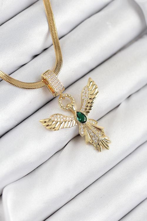 316L Çelik Zirkon Taşlı Melek Model Gold Renk Kadın Kolye 10531