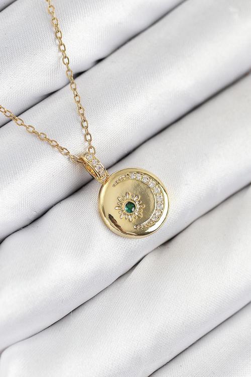 316L Çelik Zirkon Taşlı Ay Ve Güneş Model Gold Renk Kadın Kolye 10539